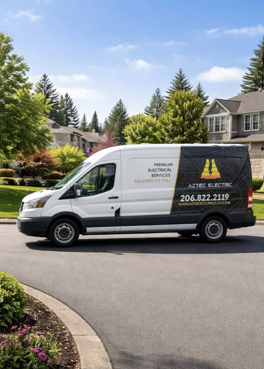 Aztec Electric van on-site at a residential wiring project in South King County